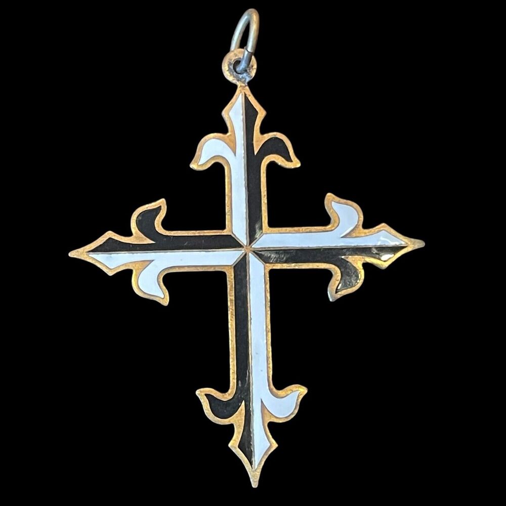 Vintage Antique French Enamel Double Sided Cross Pendant Black & White